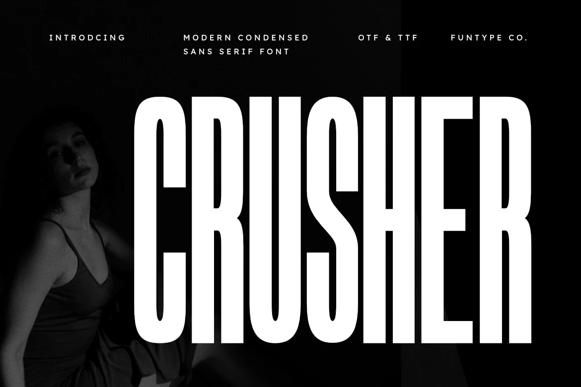 Crusher Font preview with ultra-bold condensed white uppercase lettering