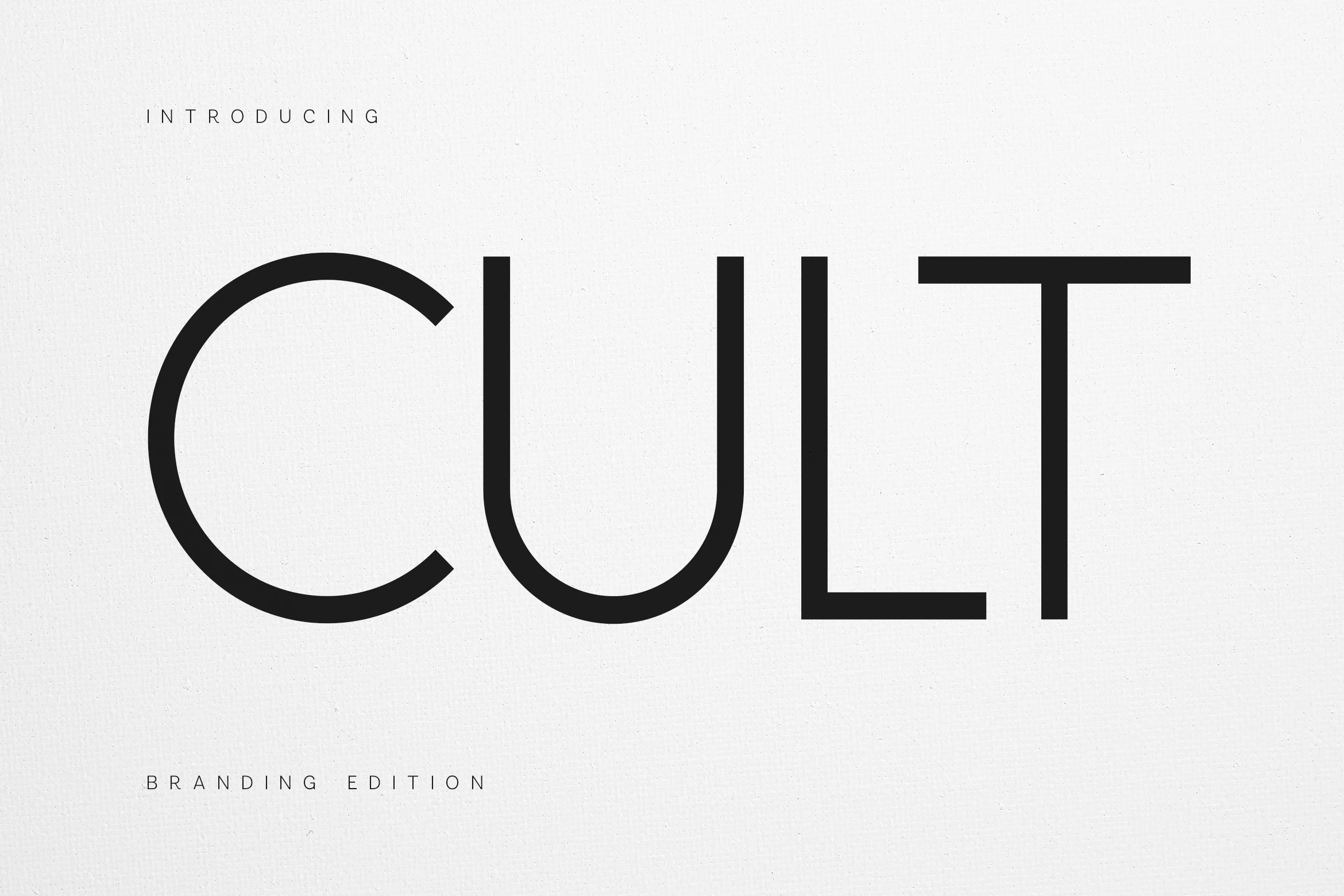 Cult Font preview in thin black geometric sans serif lettering with wide minimalist forms