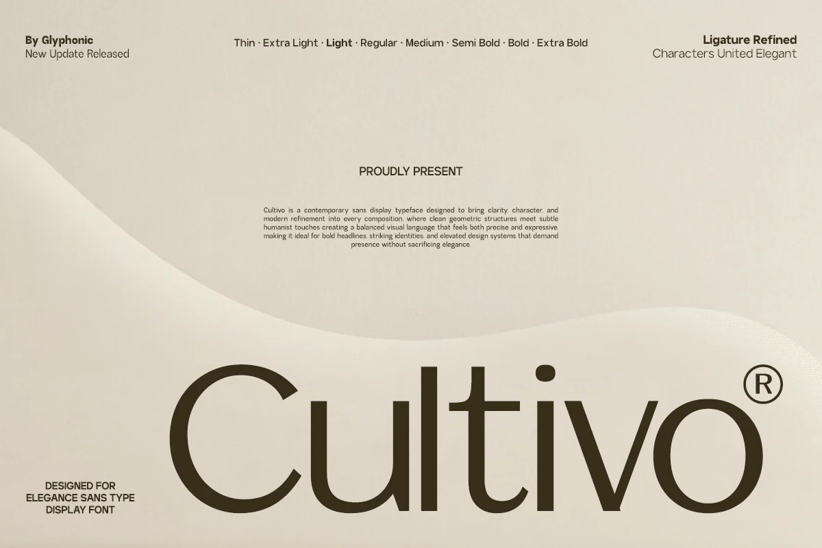 Cultivo Font preview in elegant modern sans serif lettering with refined curves