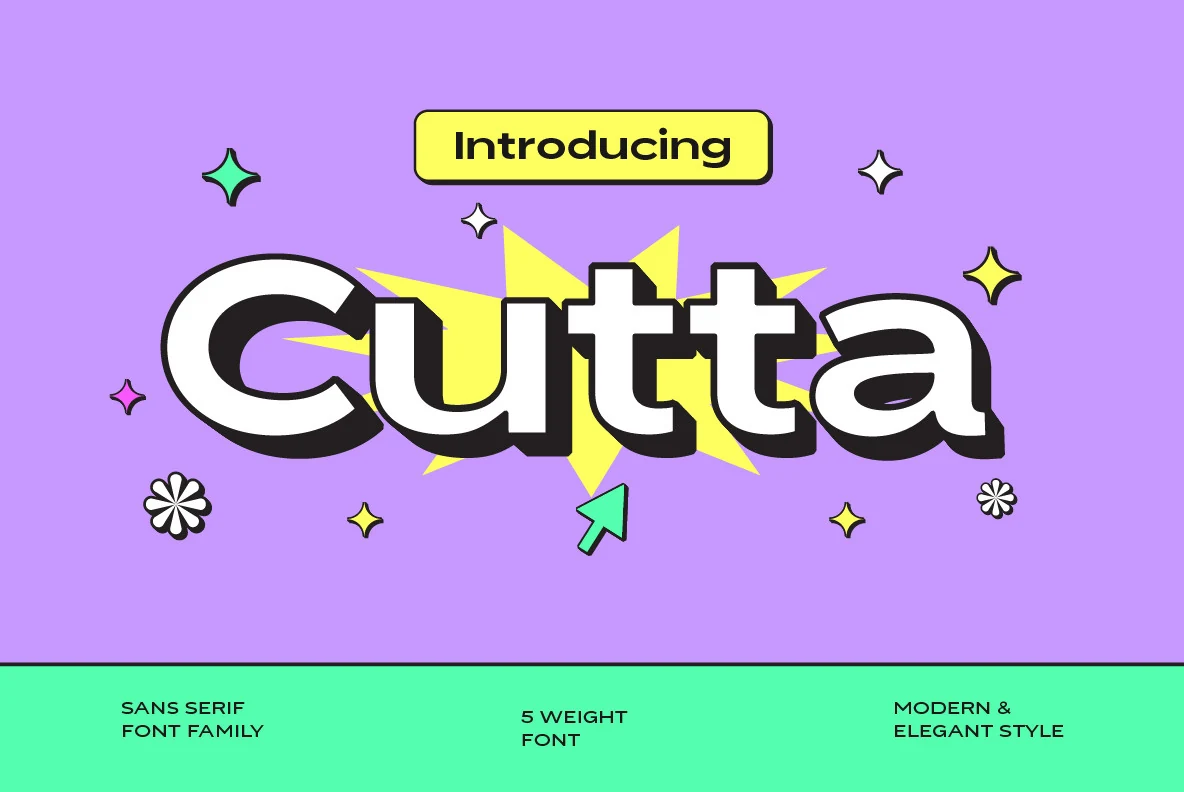 Cutta Font preview in rounded bold sans serif lettering with a chunky black shadow