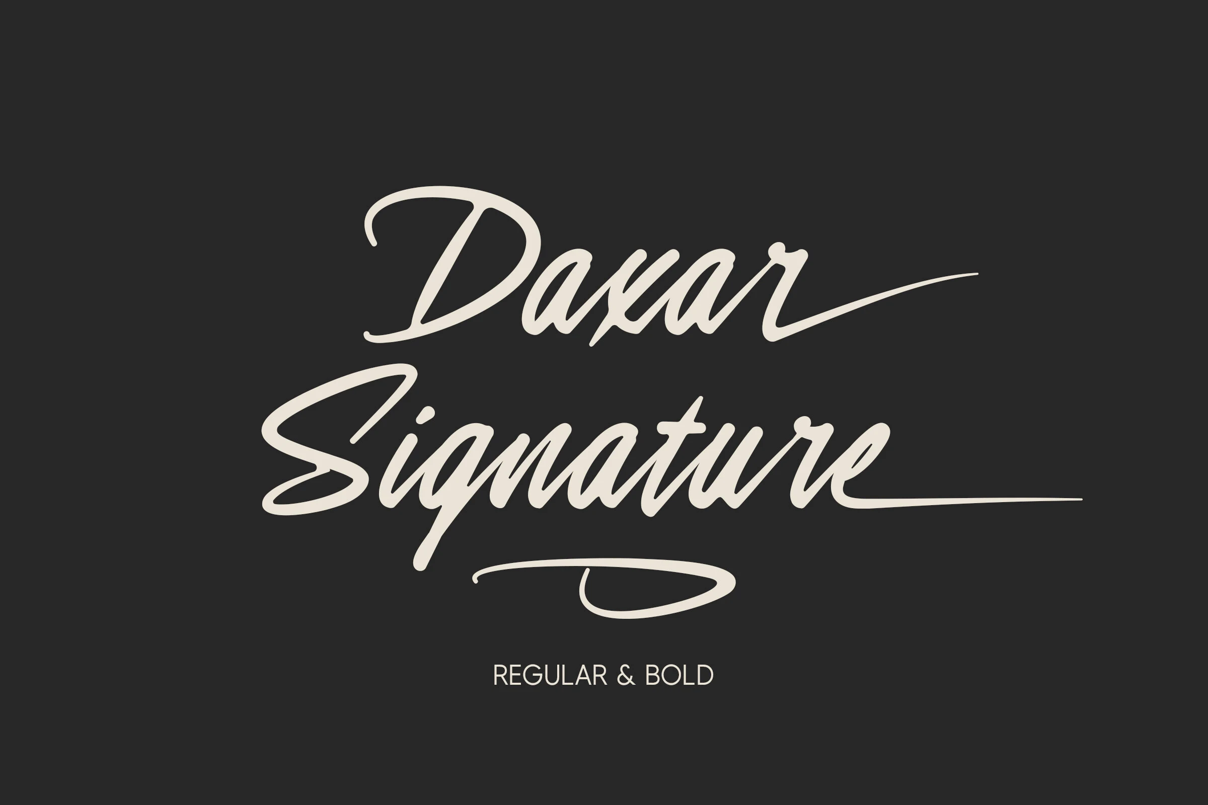 Daxar Signature Font preview in cream bold script lettering with long sweeping swashes