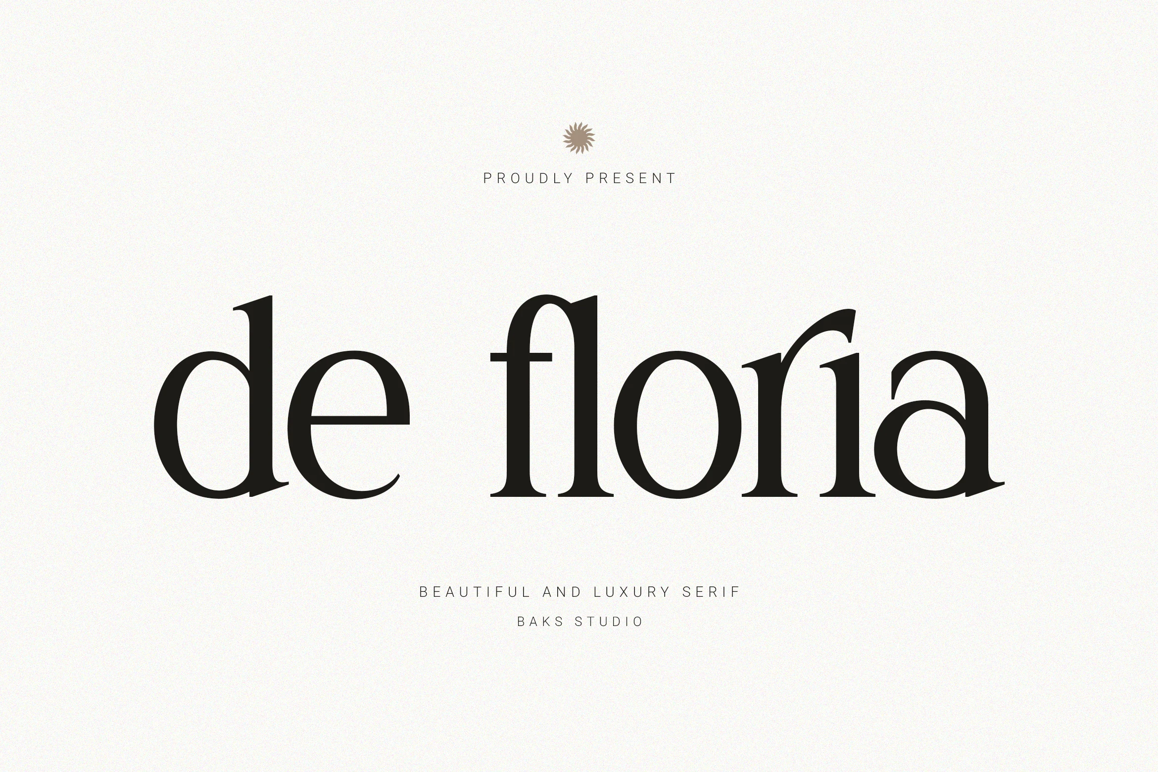 De Floria Font preview with black luxury serif lettering, rounded bowls, and sharp wedge serifs