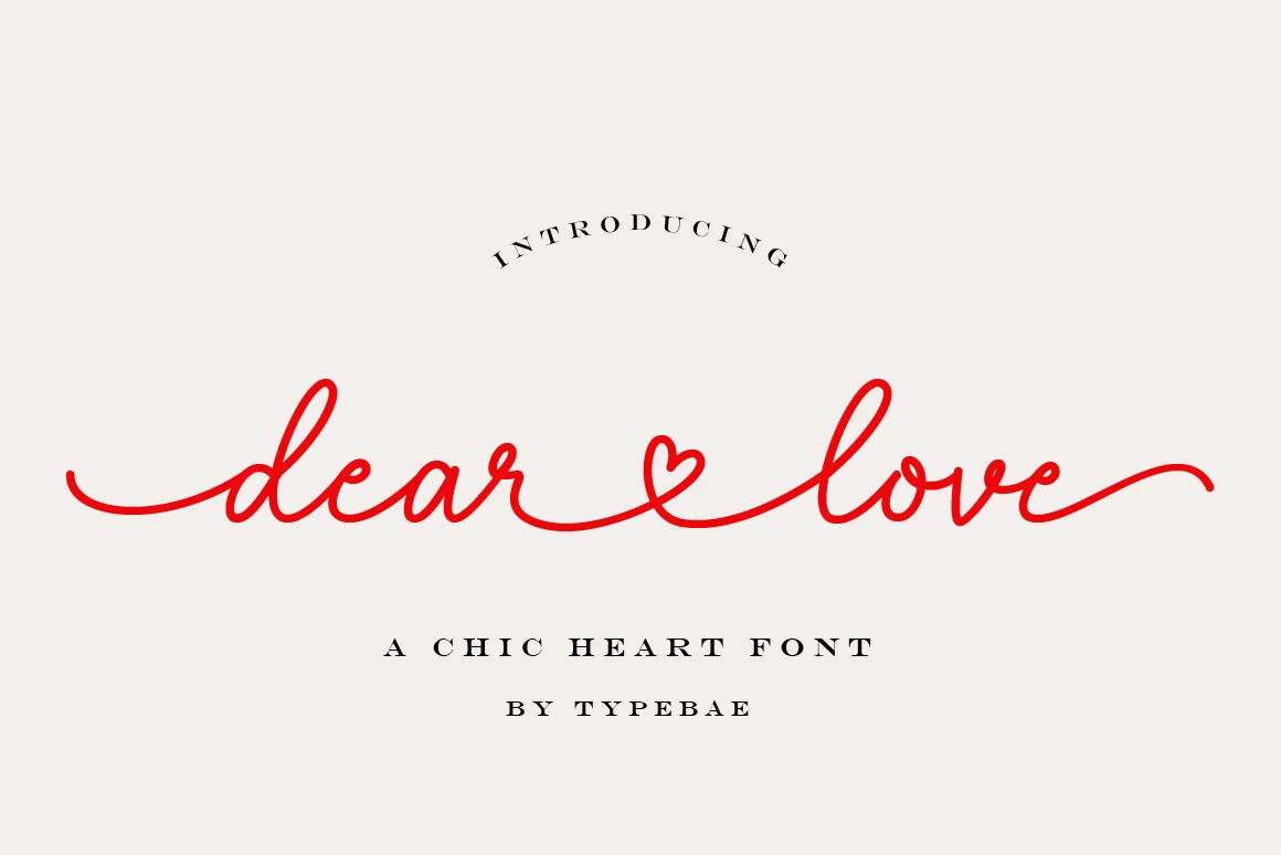 Dear Love Font preview with red thin handwritten script and heart-shaped connector