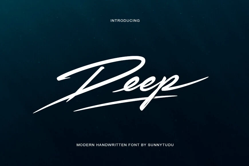 Deep Font preview with white slanted signature script and long sweeping strokes