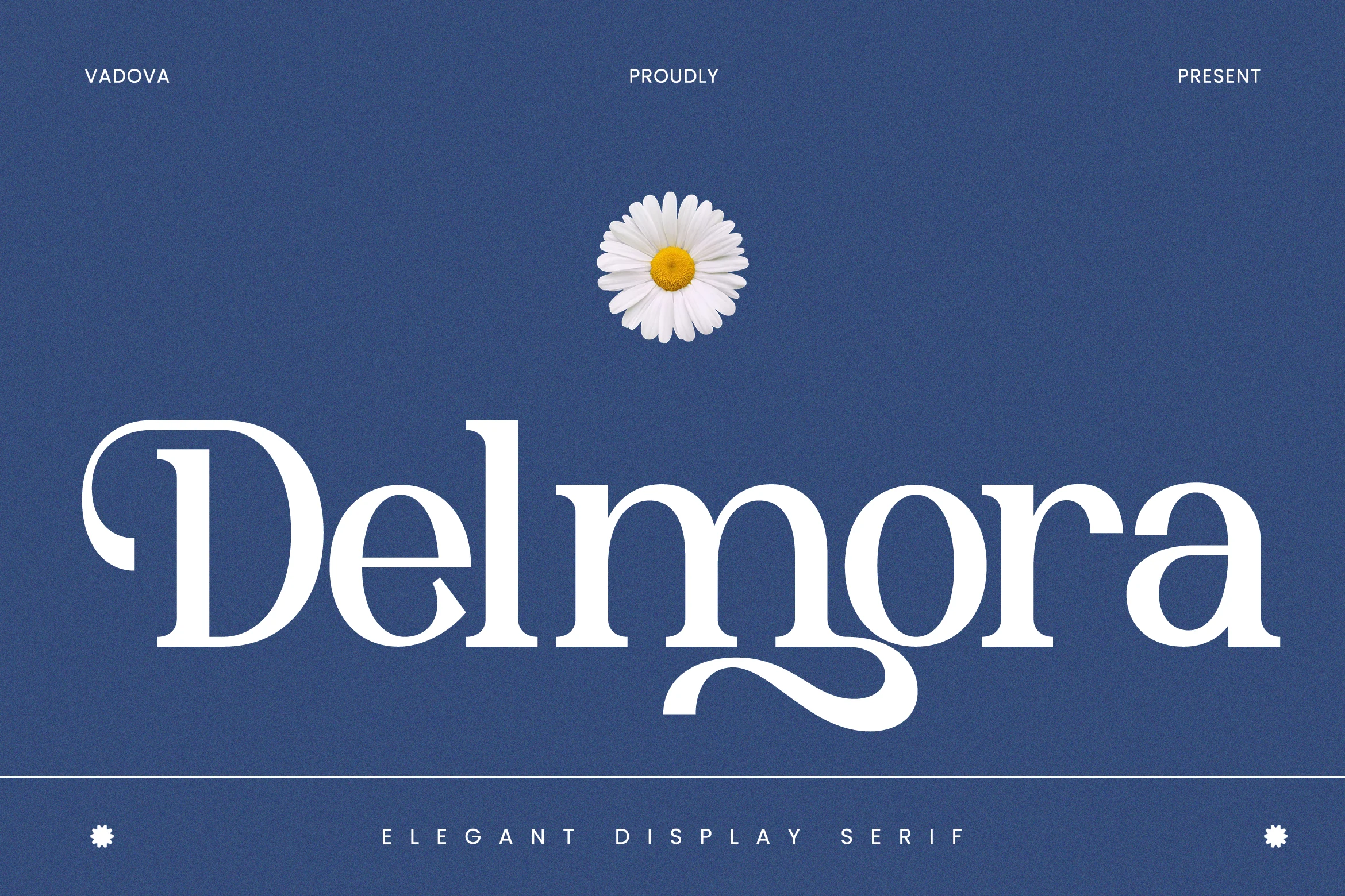 Delmora Font preview with elegant white serif lettering and a decorative swash tail