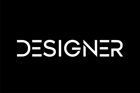 Designer Font preview with clean segmented white sans lettering on a black background