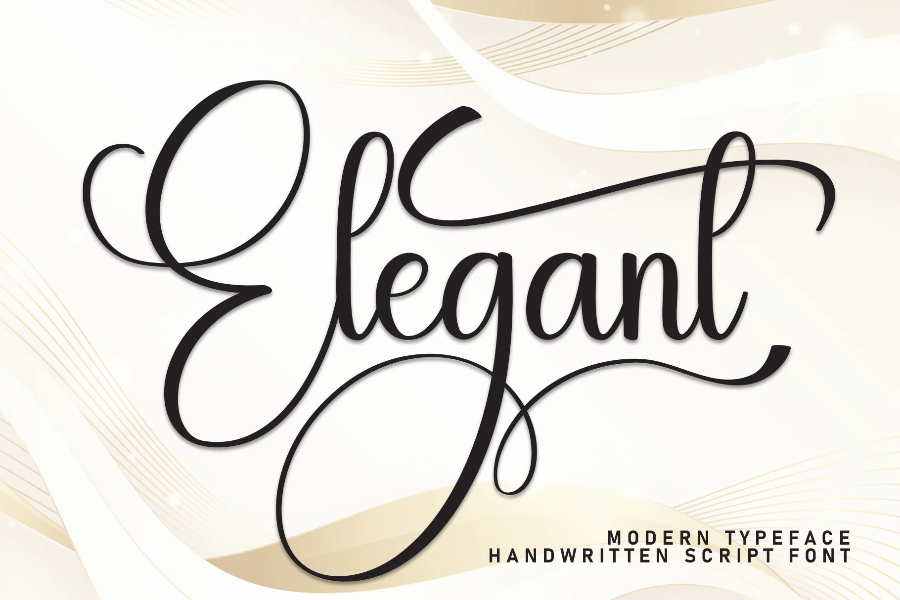 Elegant Font preview with bold black handwritten script, looping swashes, and smooth curves for wedding design