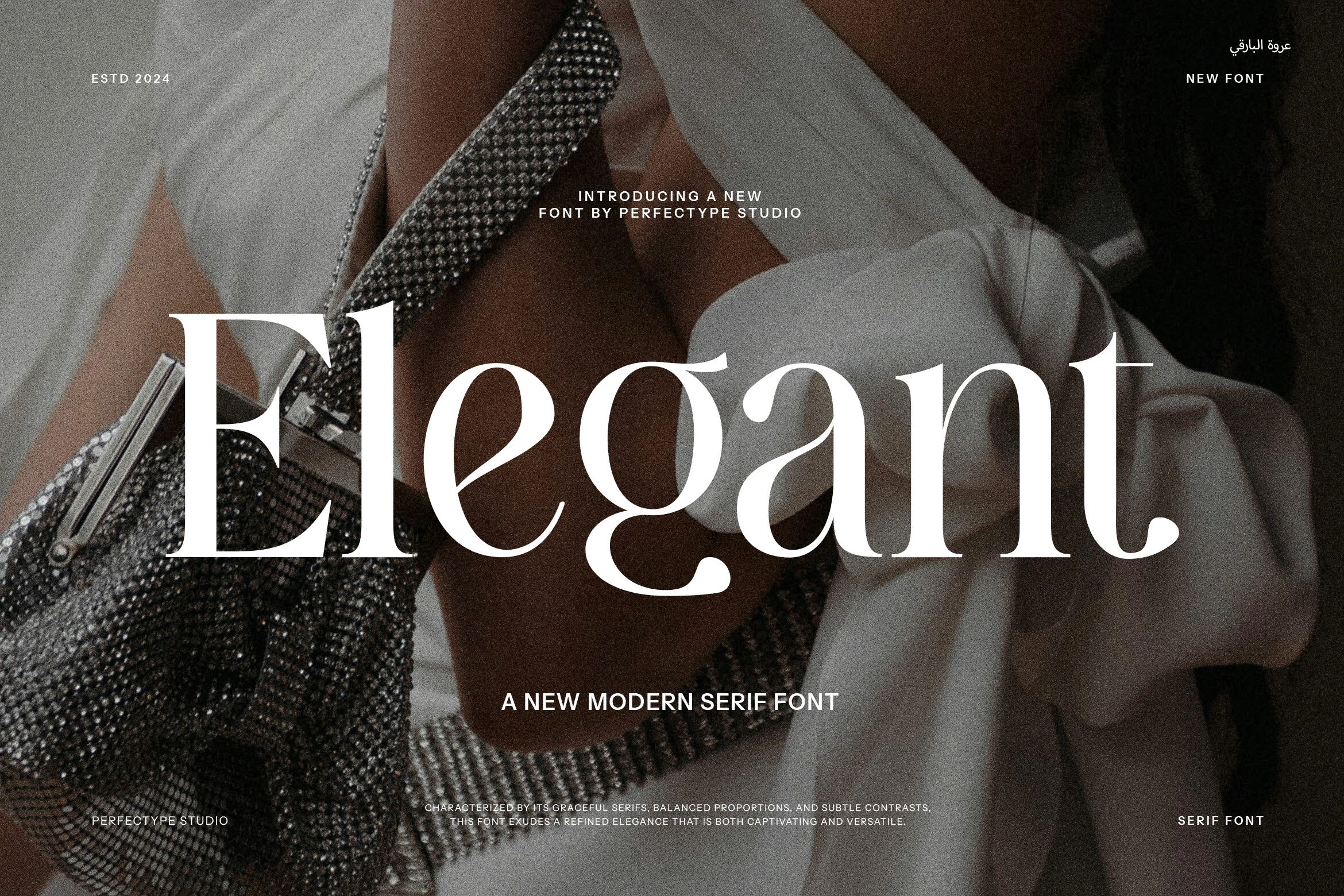 Elegant Font preview with refined white serif lettering, graceful curves, and thin strokes