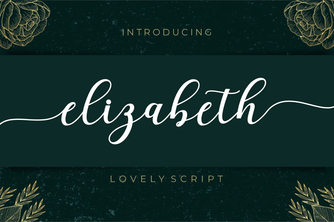 Elizabeth Font preview with elegant white script lettering and long flowing swashes