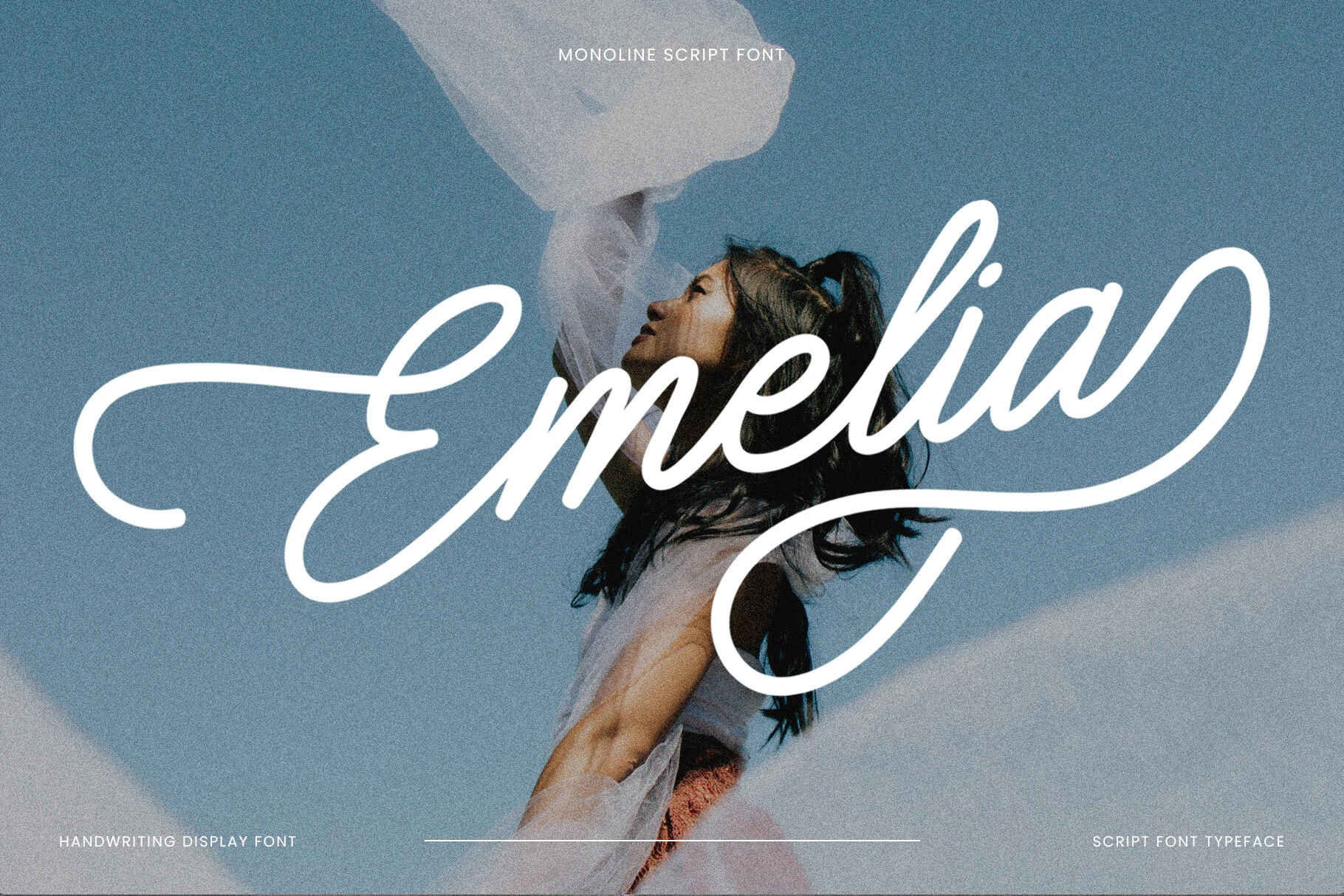 Emelia Font preview in white monoline script with flowing swashes and smooth handwritten curves