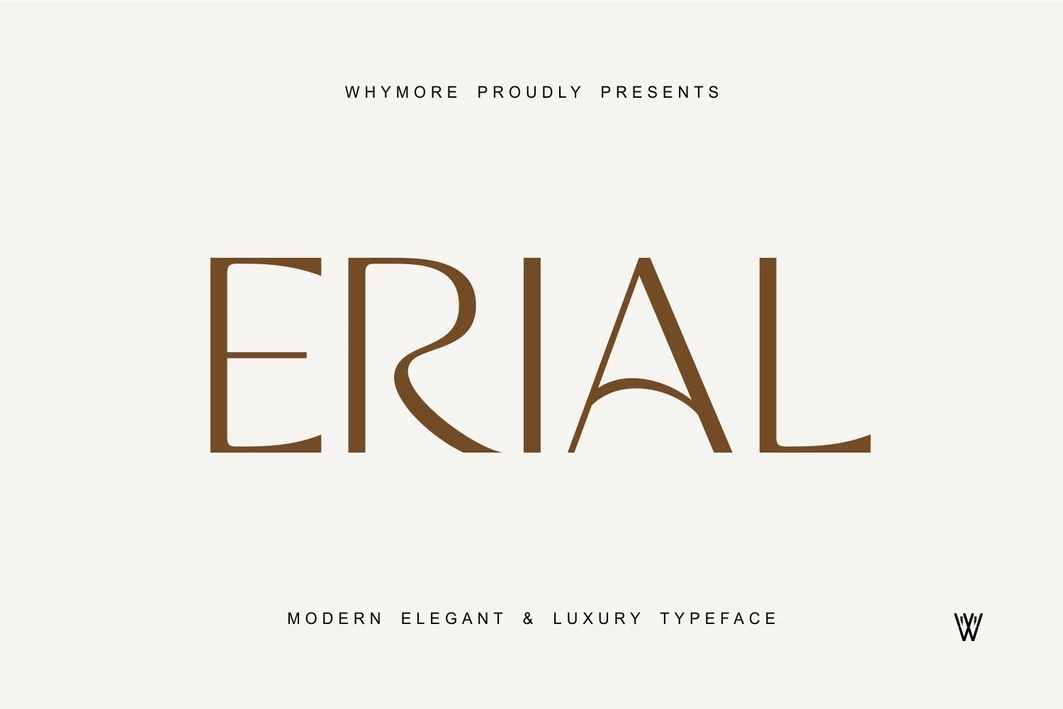 Erial Font preview with tall brown display lettering, Art Deco curves, and elegant geometric shapes
