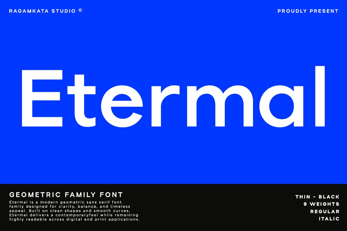 Etermal Font preview in white geometric sans serif lettering on a bright blue background
