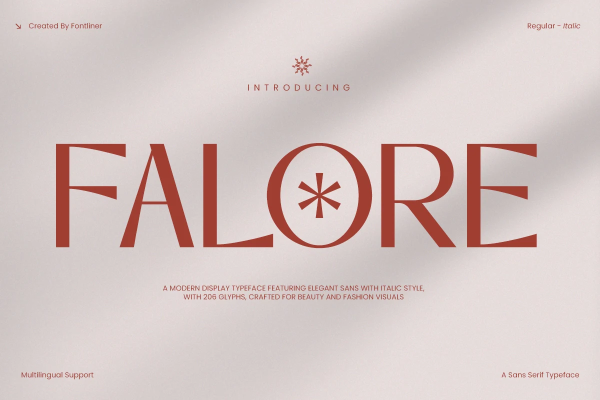 Falore Font preview with rust-red high-contrast sans serif lettering and a tall oval O