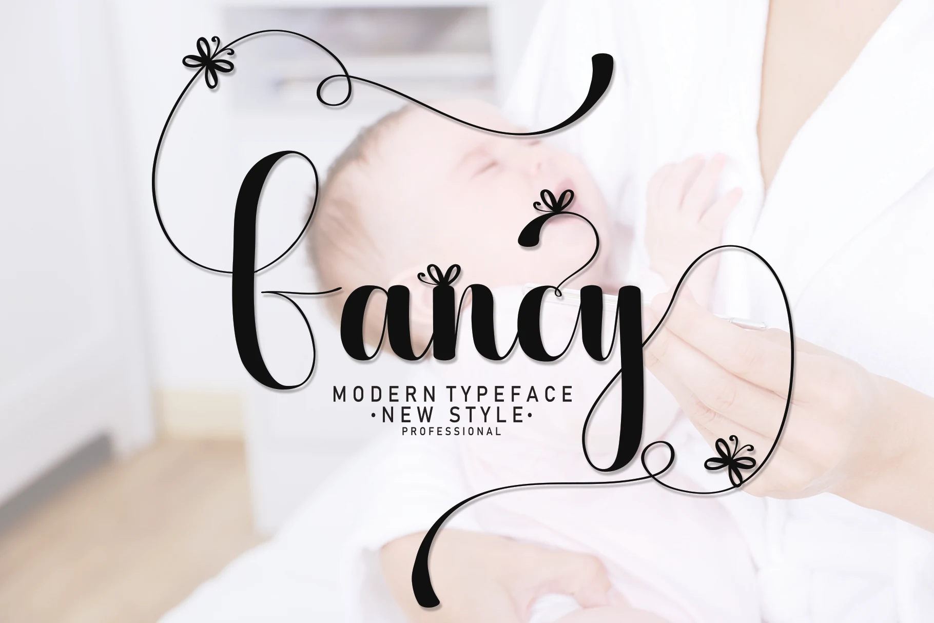 Fancy Font preview with bold script lettering, thin looping flourishes, and floral swash details
