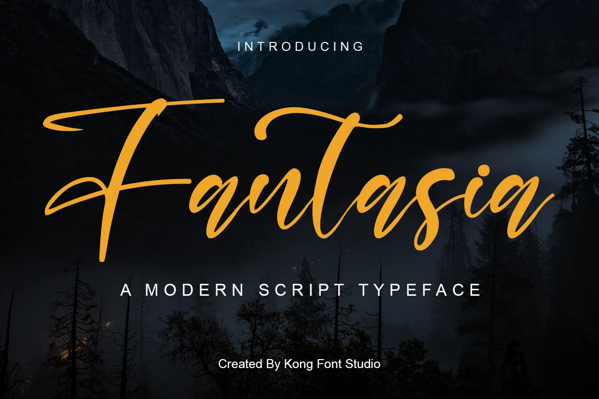Fantasia Font preview with golden flowing modern script and long swashes