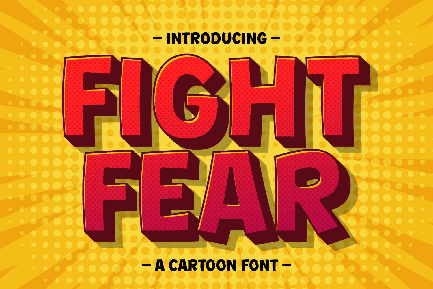 Fight Fear Font preview with bold red comic letters, chunky block shapes, and dark shadow