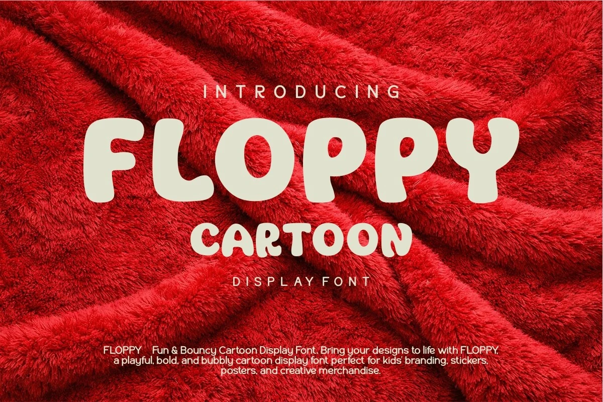 Floppy Font preview with soft cream rounded cartoon letters and bouncy bubble shapes