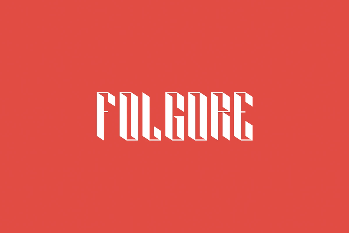 Folgore Font preview with white angular display lettering and a faceted 3D look