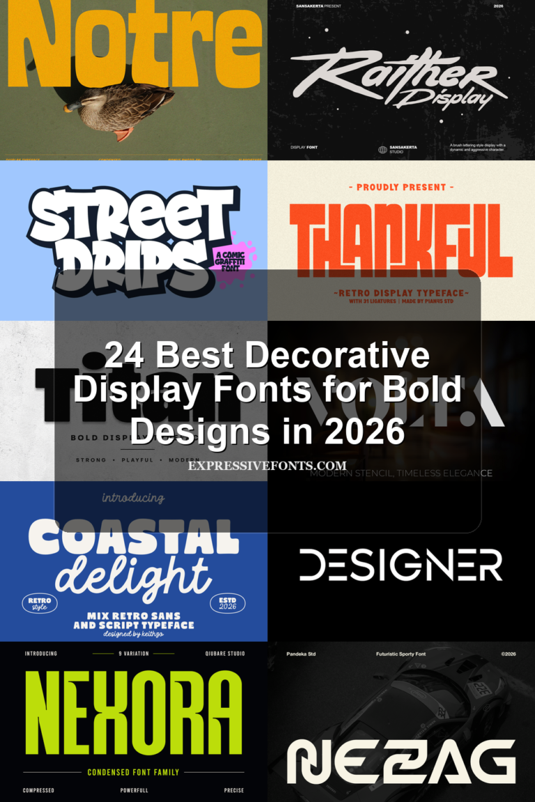 Preview cover for 24 Best Decorative Display Fonts for Bold Designs in 2026 with font previews from the article.