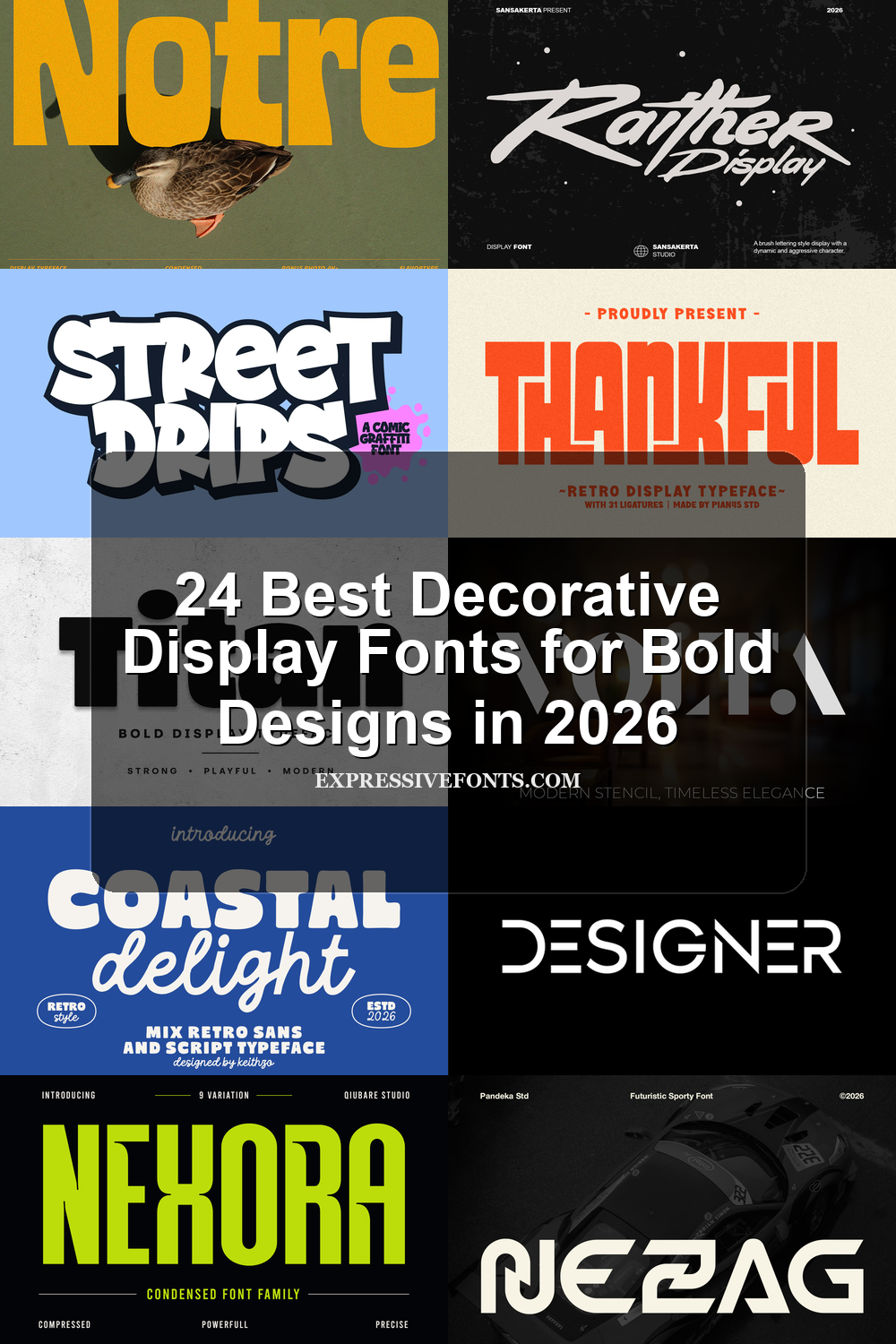 Preview cover for 24 Best Decorative Display Fonts for Bold Designs in 2026 with font previews from the article.
