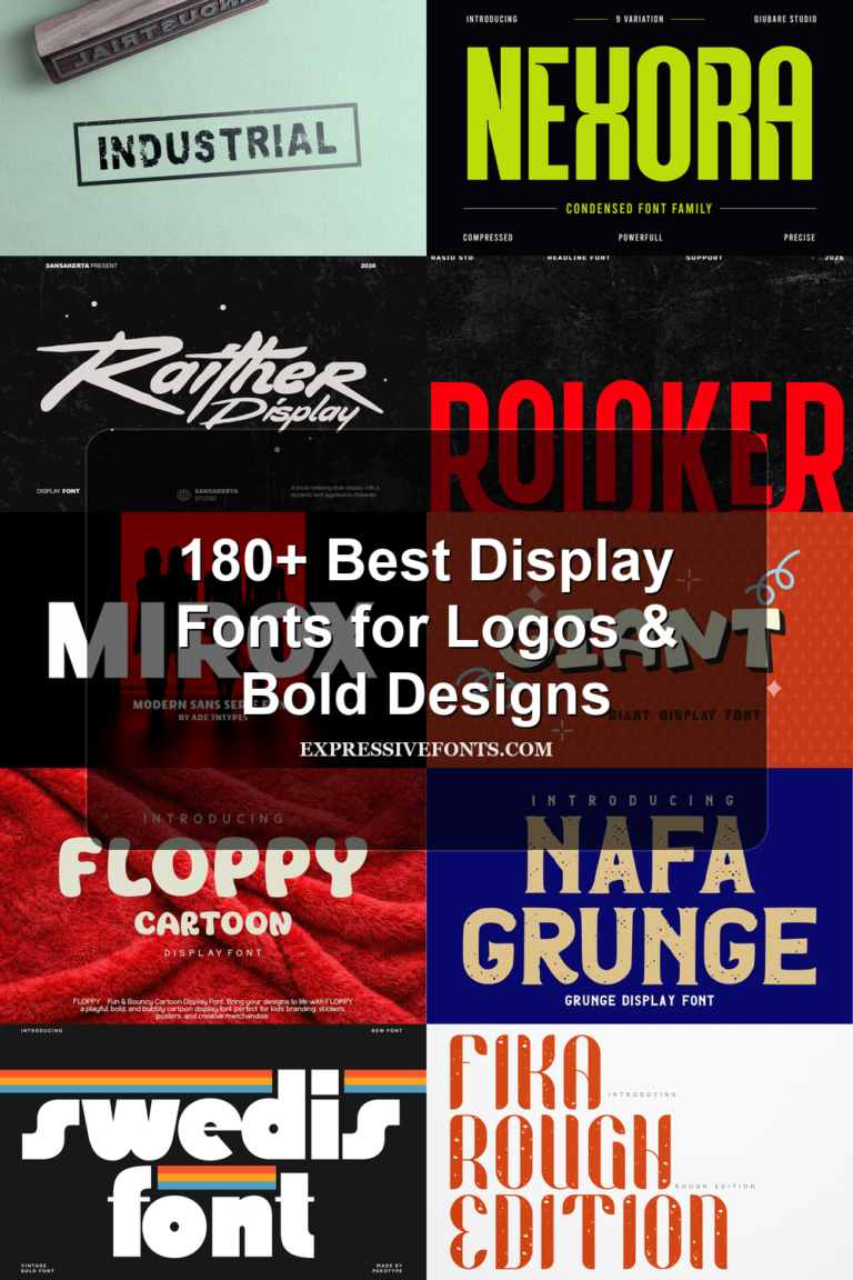 180+ Best Display Fonts collection cover with bold typography previews for logos, posters, branding, and creative designs.