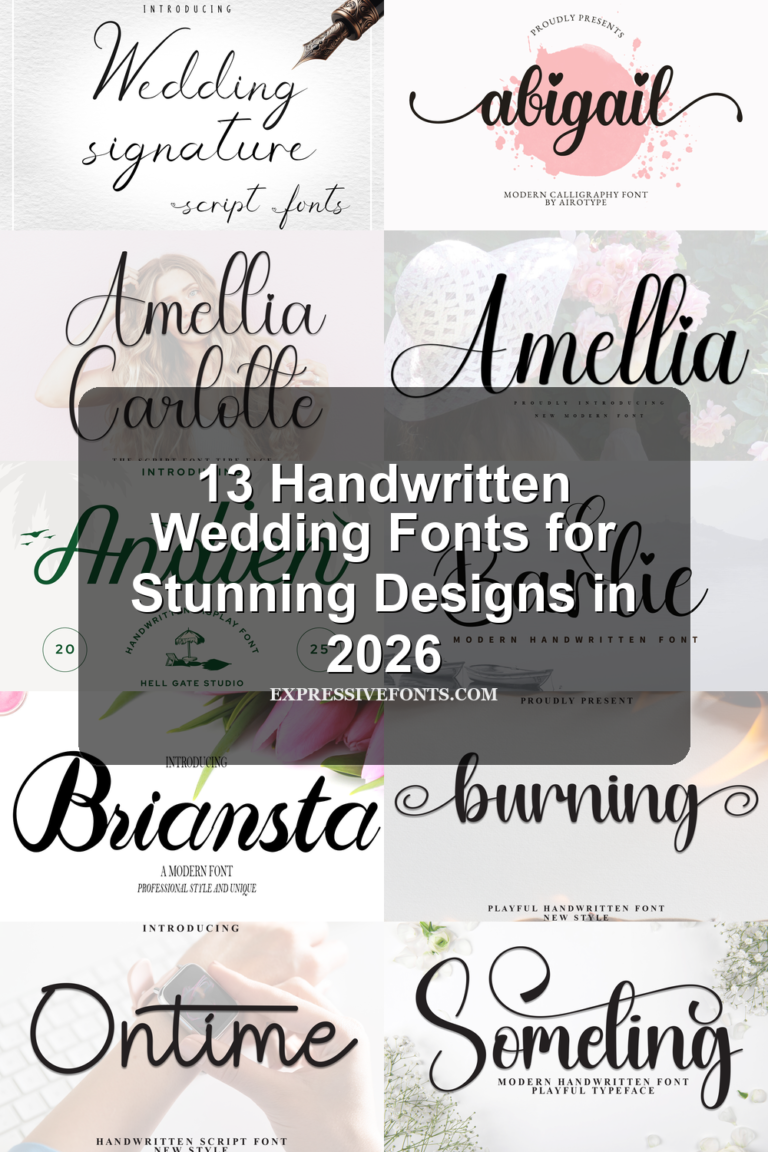 Cover with previews of handwritten wedding fonts from the article 13 Handwritten Wedding Fonts for Stunning Designs in 2026
