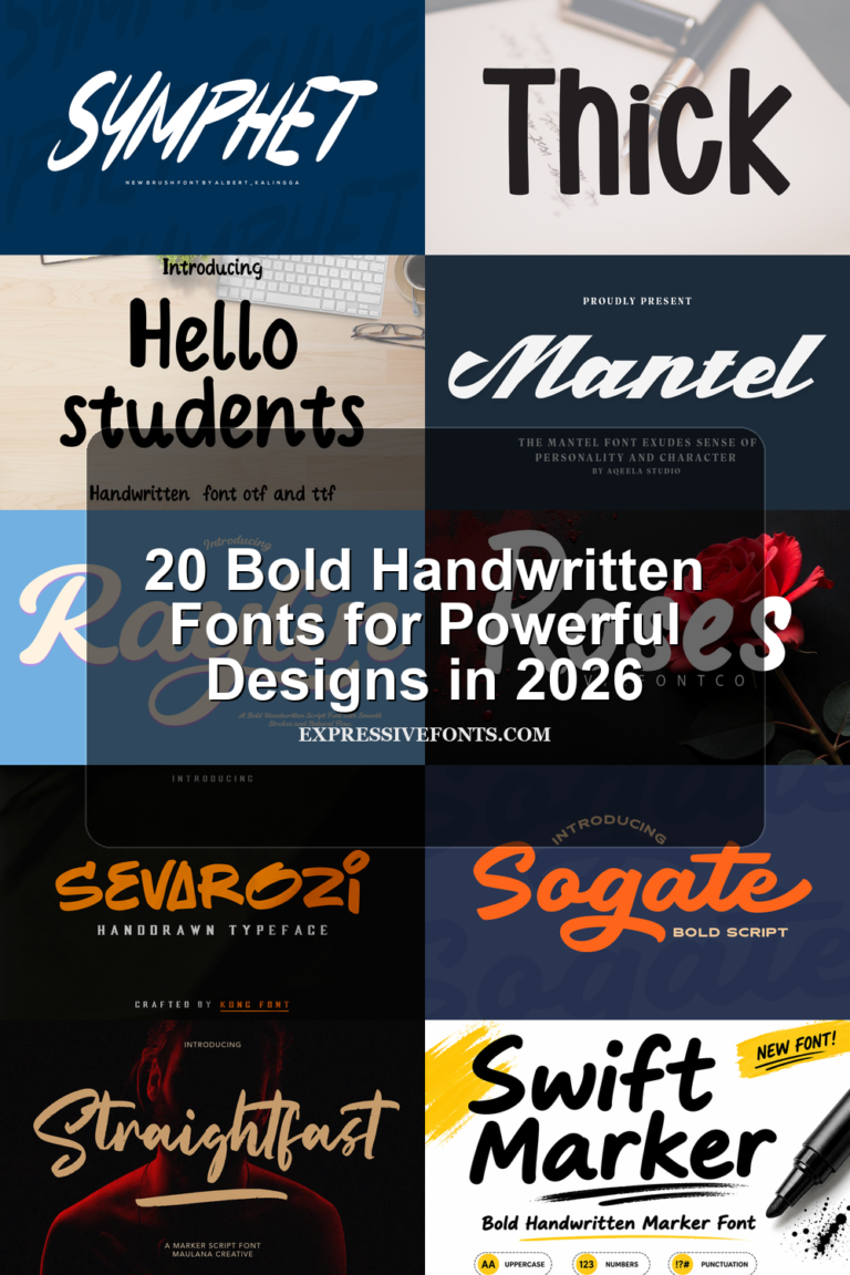 Cover image for 20 Bold Handwritten Fonts for Powerful Designs in 2026 with previews of bold handwritten fonts from the article.