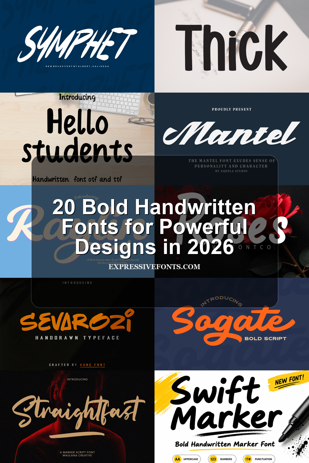 Cover image for 20 Bold Handwritten Fonts for Powerful Designs in 2026 with previews of bold handwritten fonts from the article.