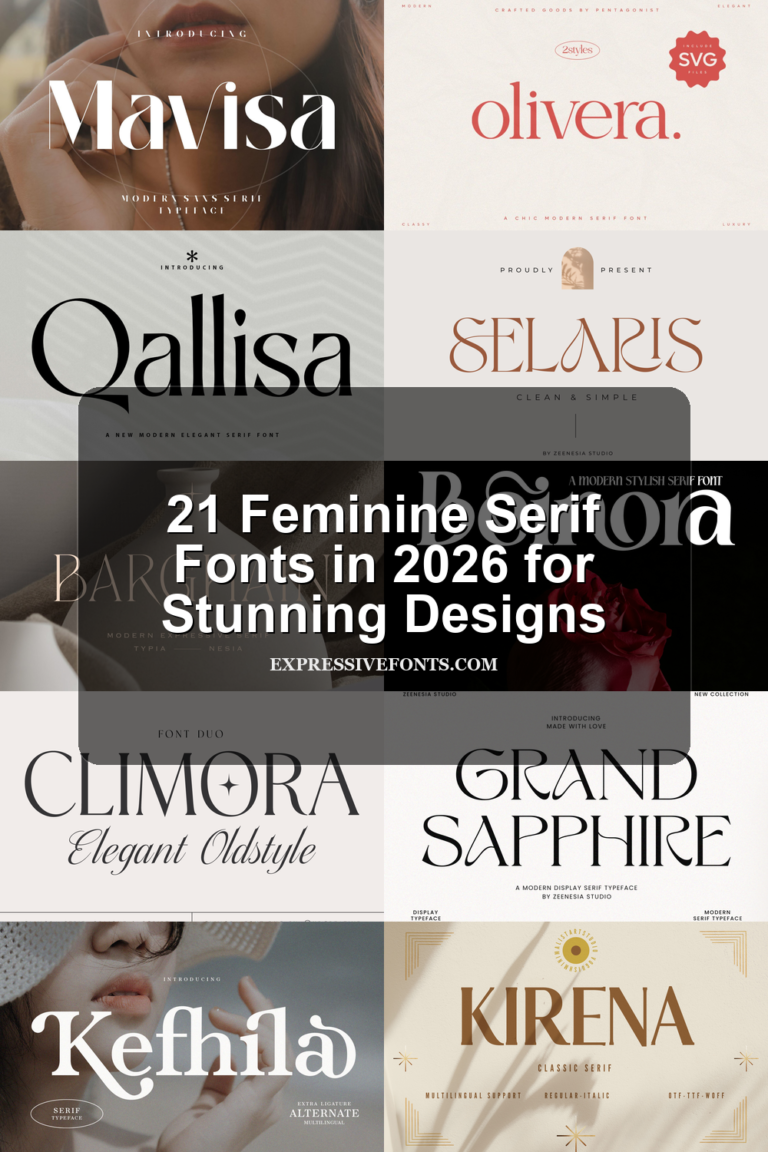 Cover preview with feminine serif font samples from 21 Feminine Serif Fonts in 2026 for Stunning Designs
