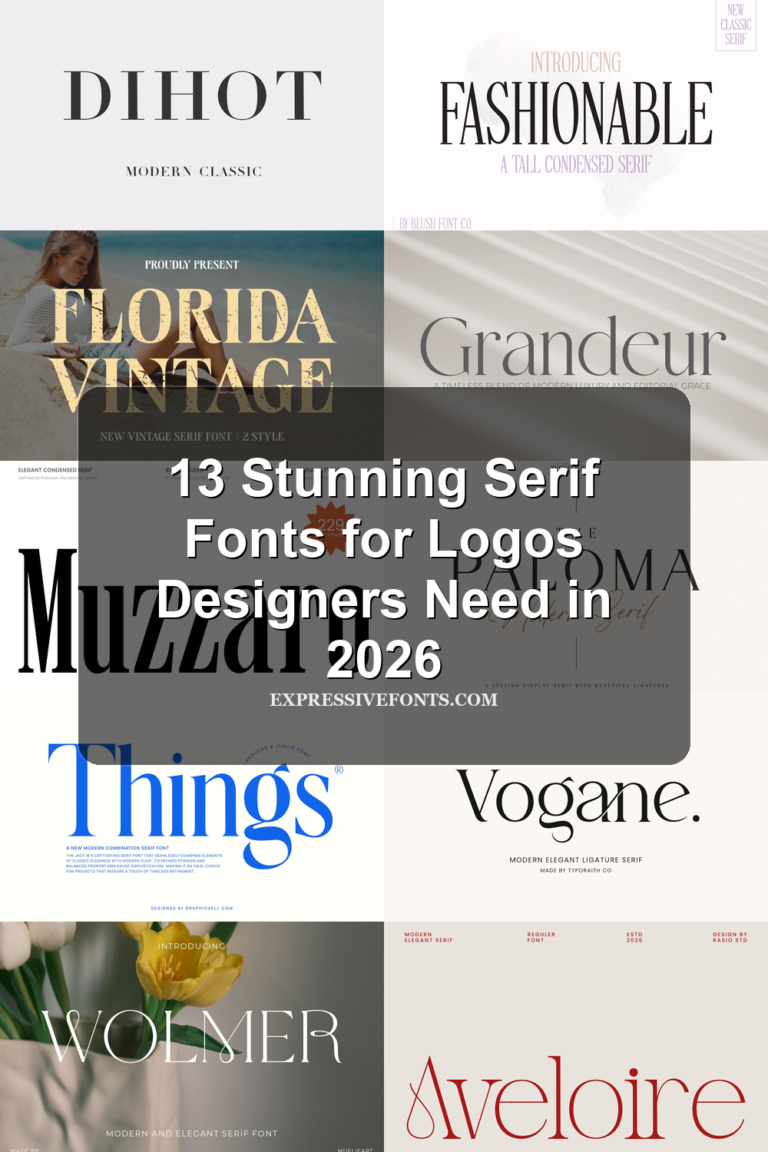 Cover image for 13 Stunning Serif Fonts for Logos Designers Need in 2026 with previews of serif fonts from the article.