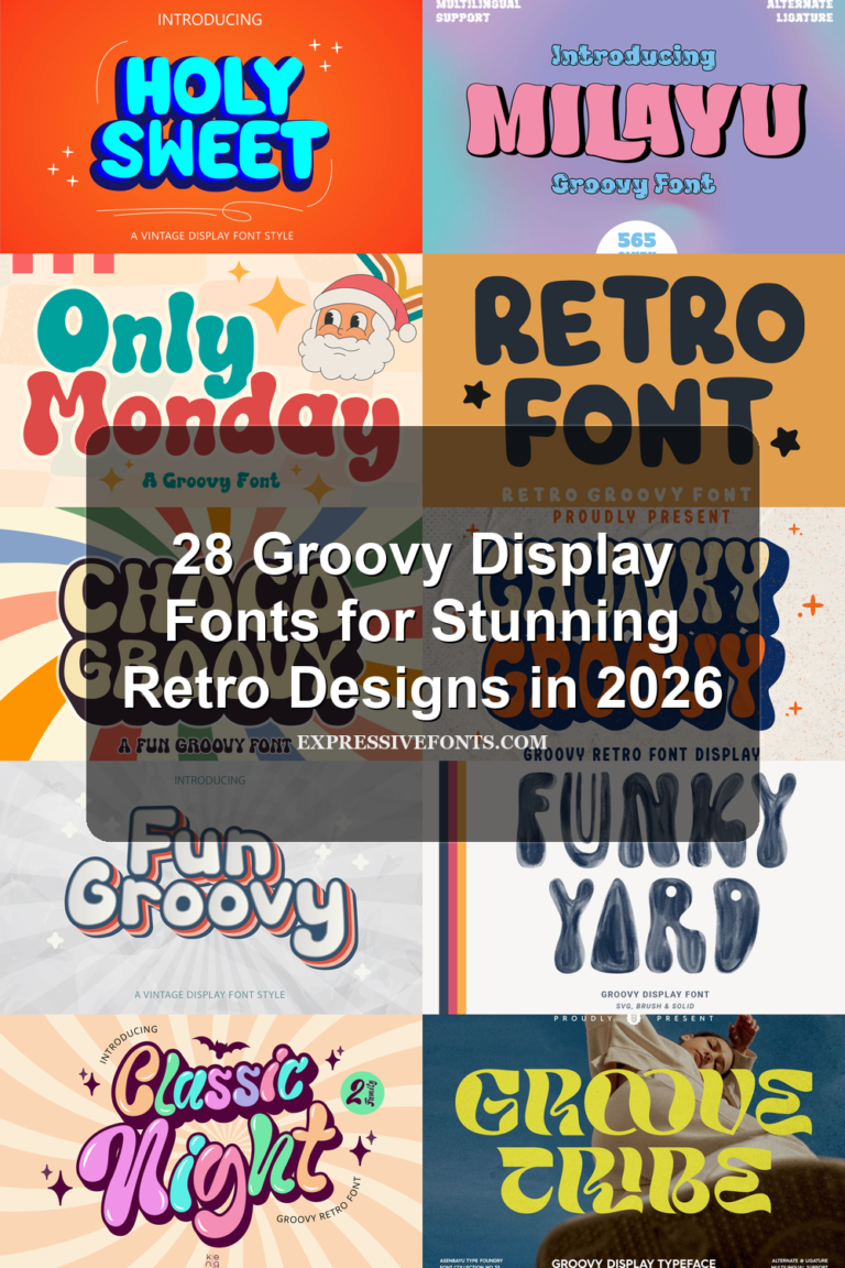 Cover image with font previews from 28 Groovy Display Fonts for Stunning Retro Designs in 2026