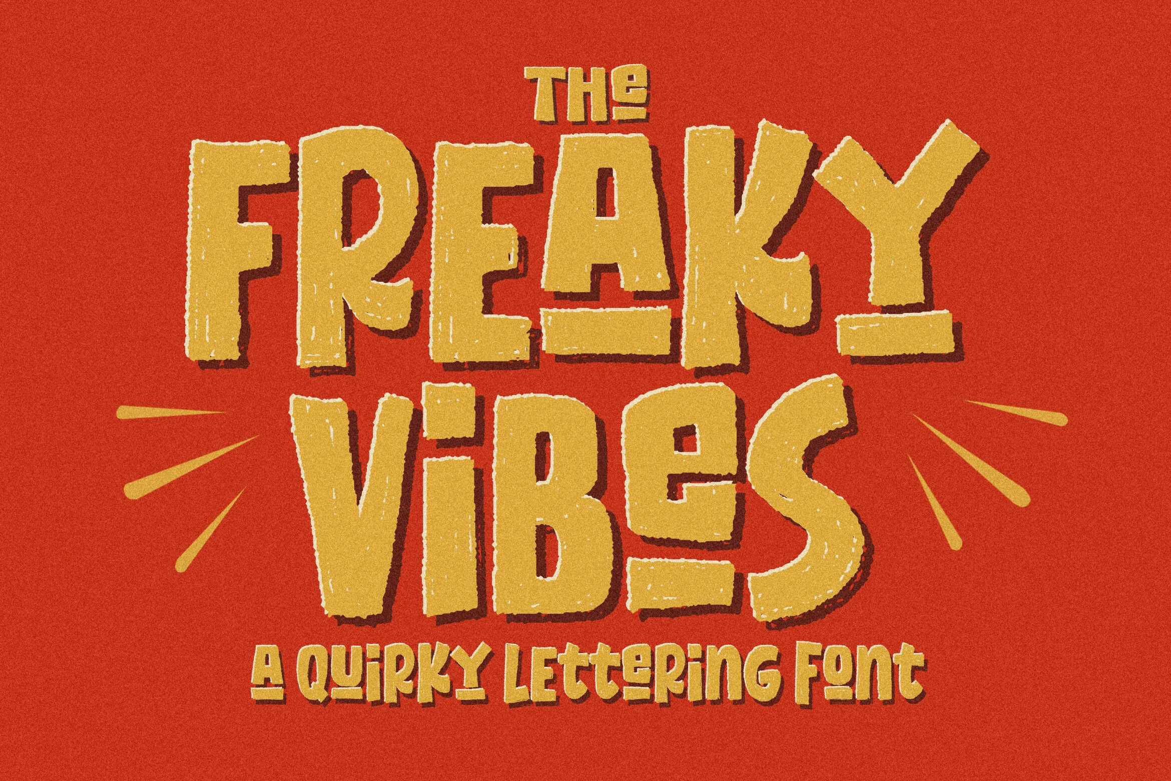 Freaky Vibes Font yellow quirky distressed block lettering with rough edges and shadow
