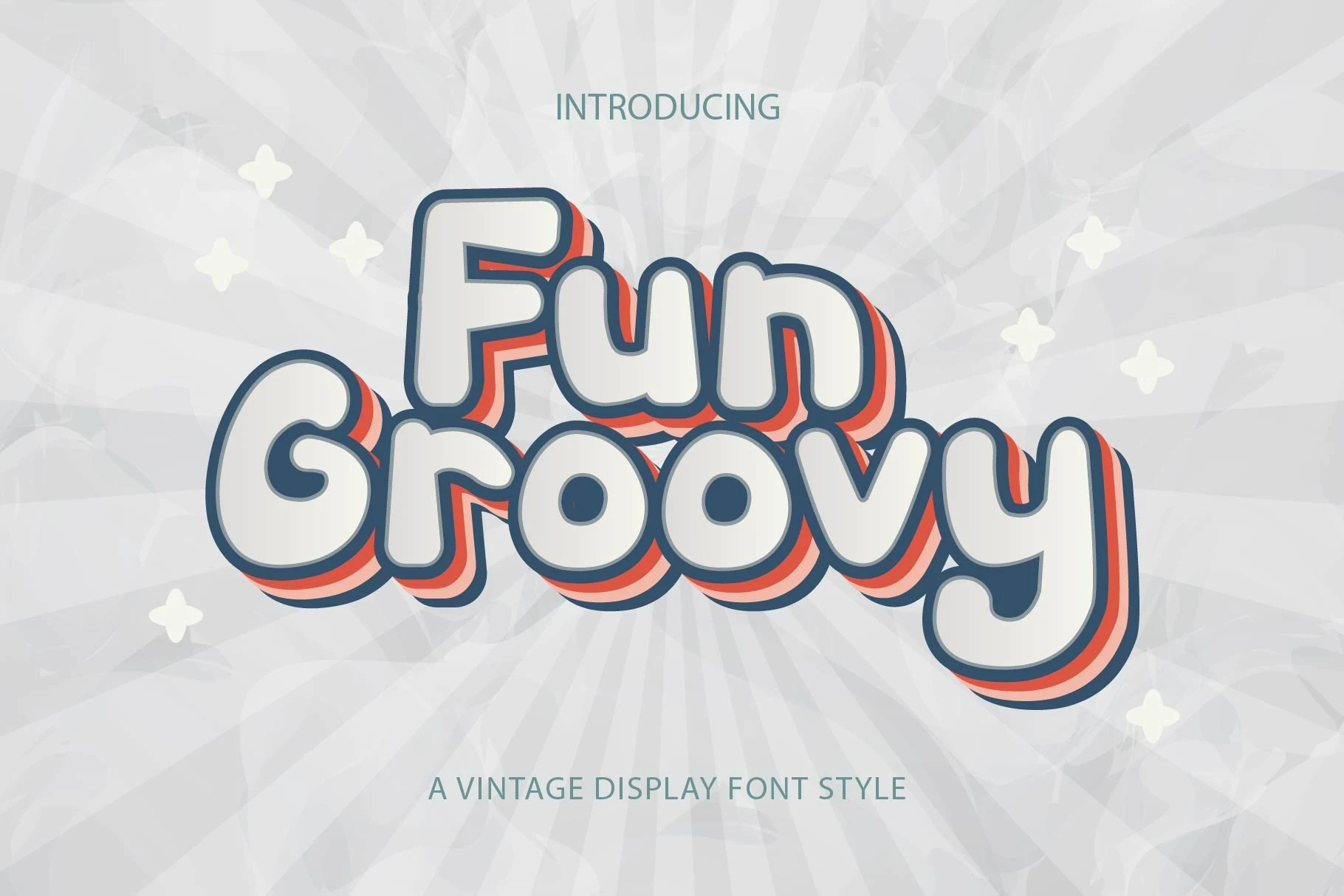 Fun Groovy Font preview with rounded white retro lettering, blue outline, and coral offset shadow