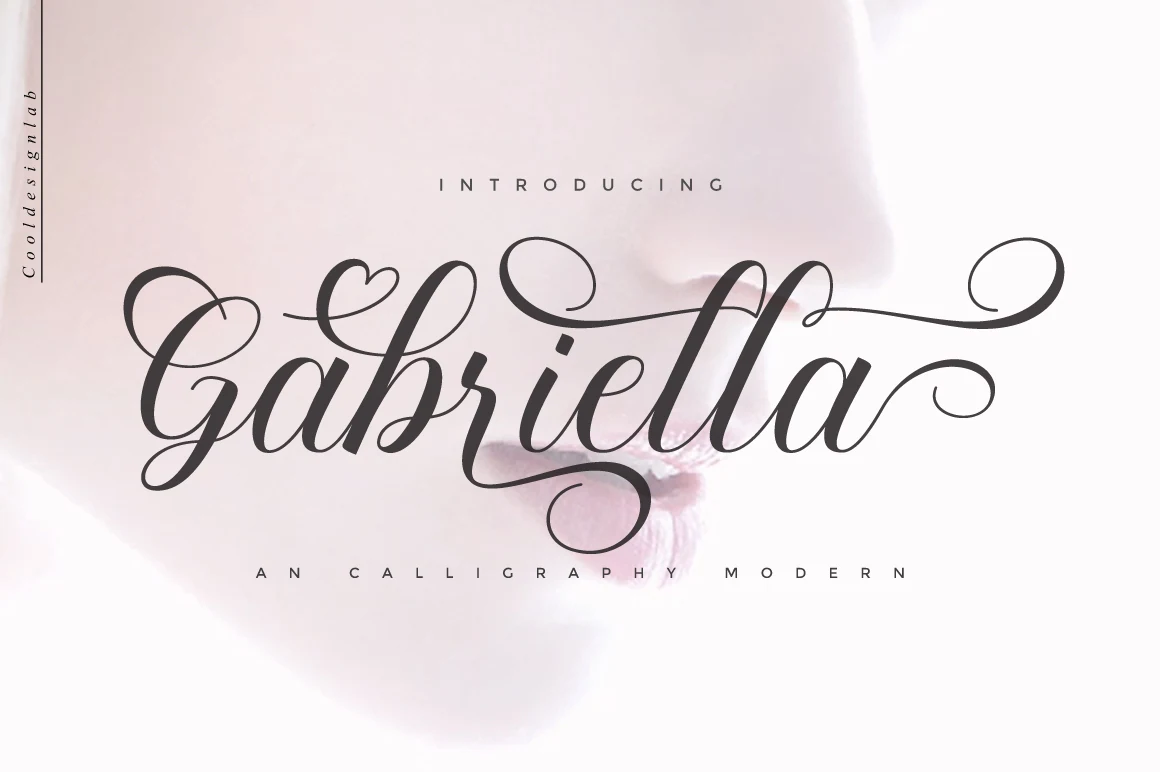 Gabriella Script Font preview with flowing calligraphy, bold swashes, and high-contrast strokes