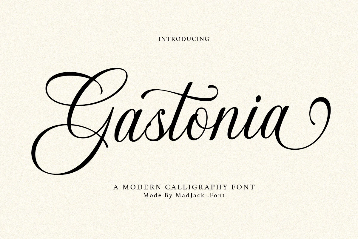 Gastonia Script Font preview in black modern calligraphy with a looping capital and graceful terminal swash
