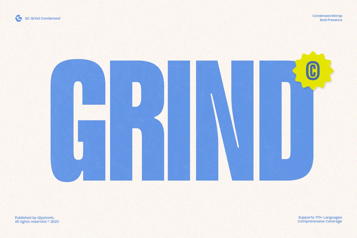Gc Grind Font preview with bold blue condensed uppercase lettering