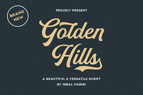 Golden Hills Font preview with warm beige cursive script, smooth connected strokes, and a swashed baseline