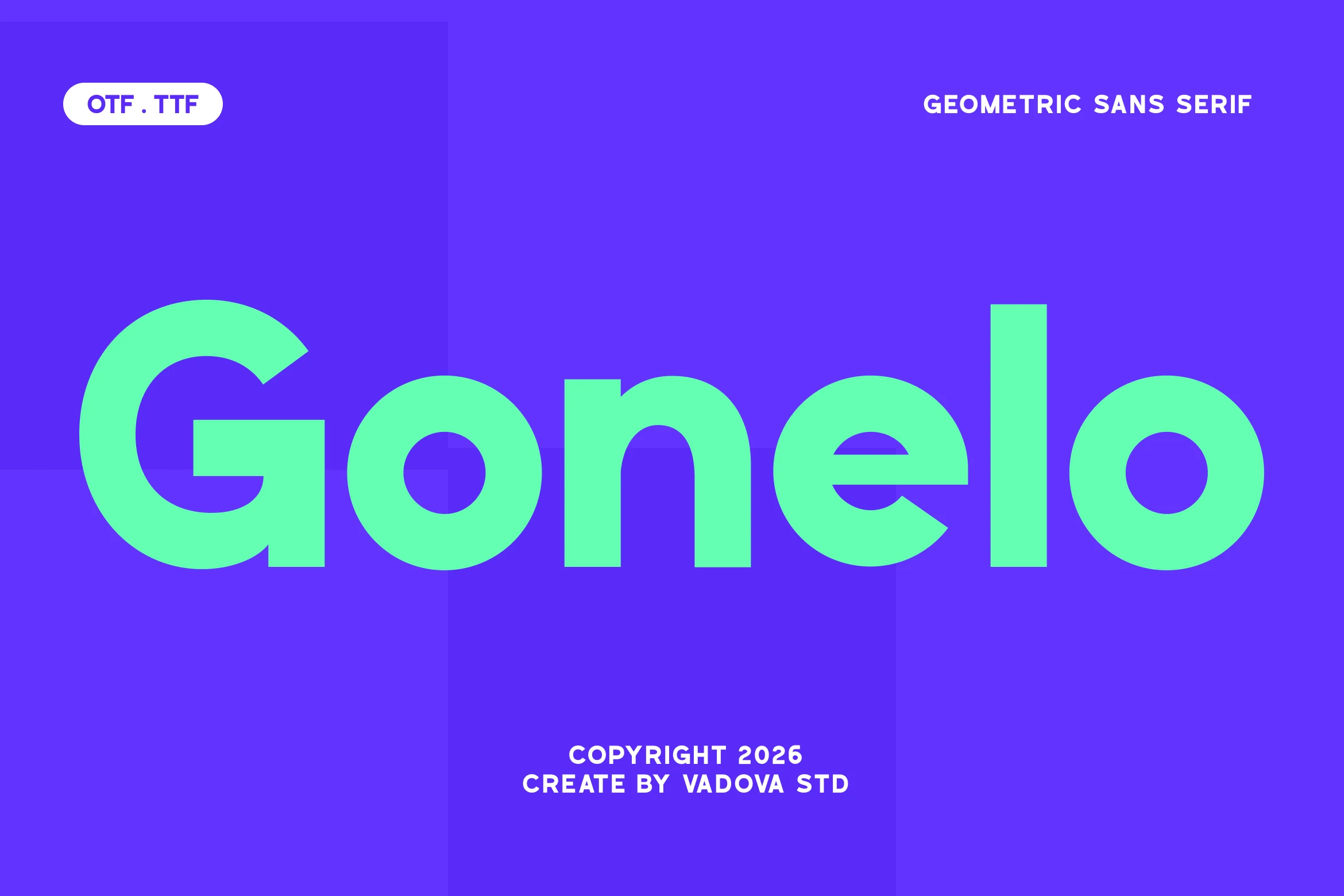 Gonelo Font preview in mint green bold geometric sans serif lettering on a purple background