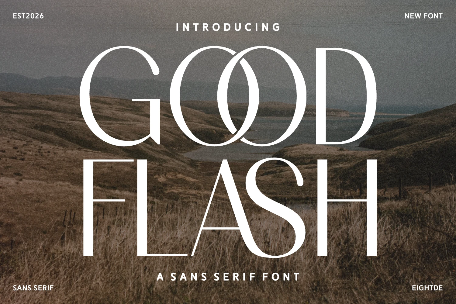 Good Flash Font preview with tall white sans serif lettering and overlapping O forms
