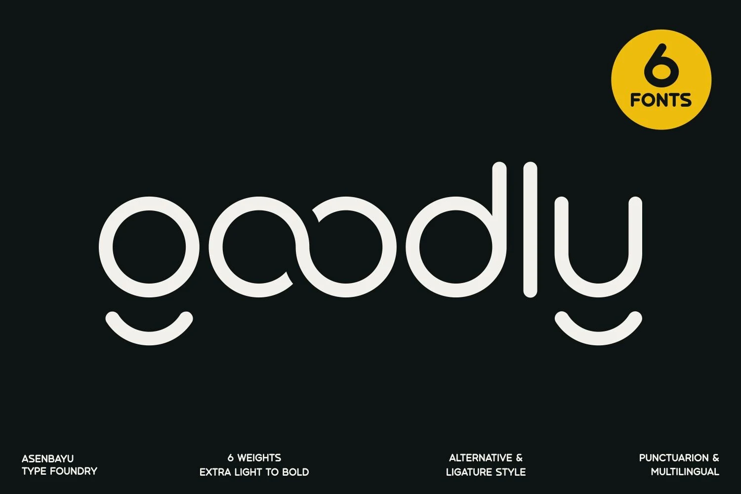 Goodly Font preview in slim white rounded sans serif lettering on a dark background