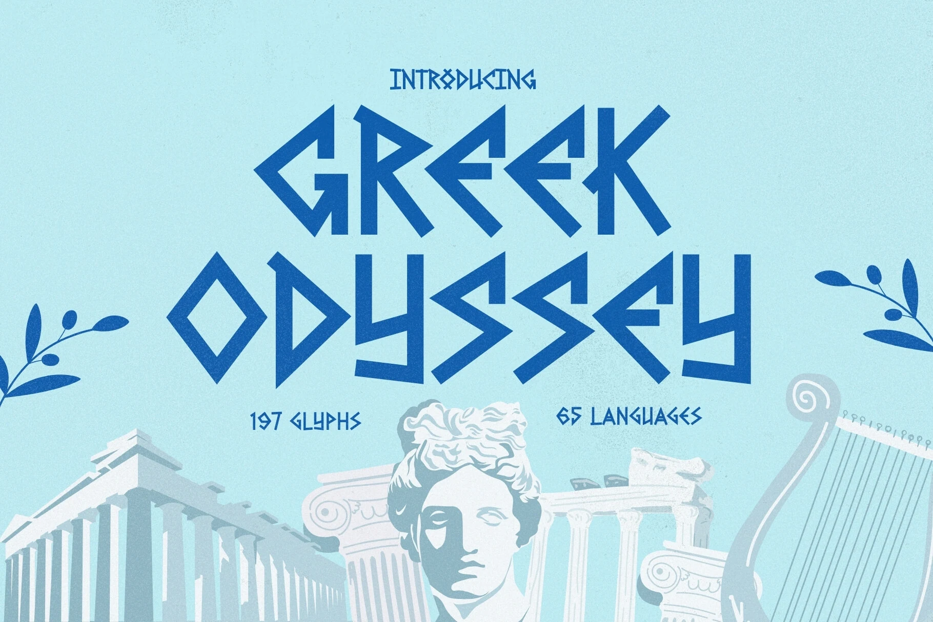 Greek Odyssey Font preview with angular blue Greek-inspired display lettering