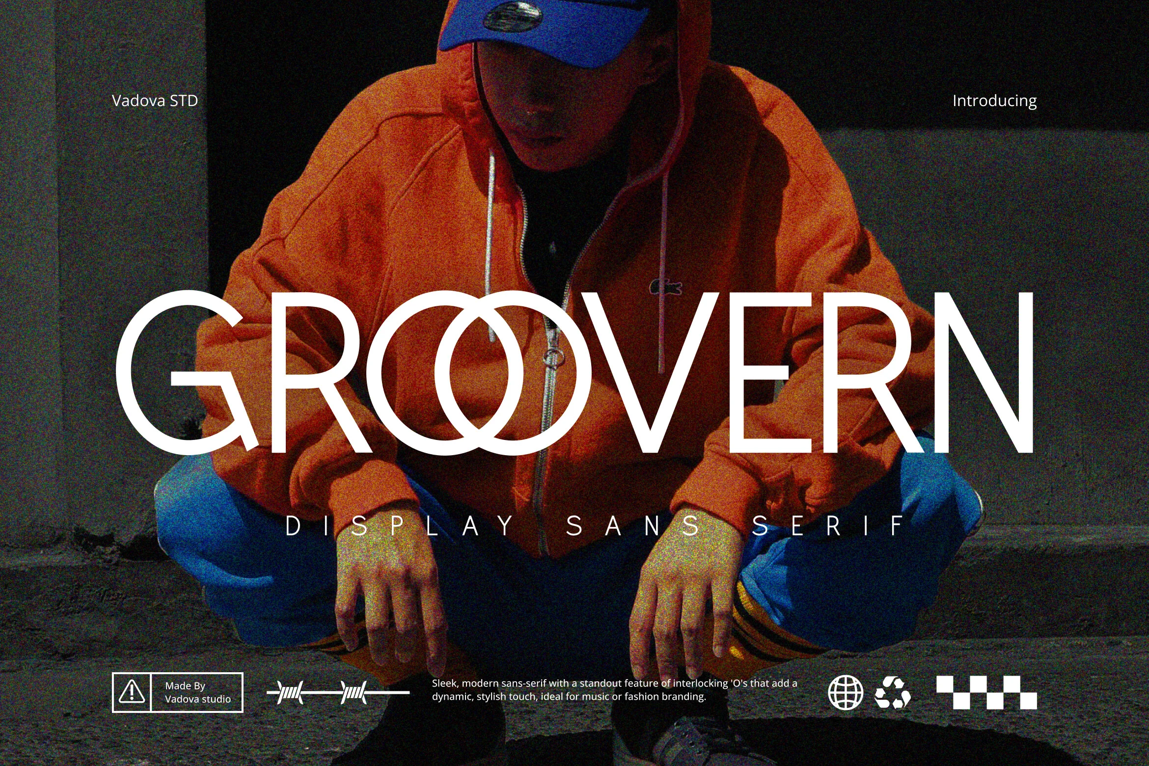 Groovern Font preview with thin white sans serif lettering and interlocking O shapes