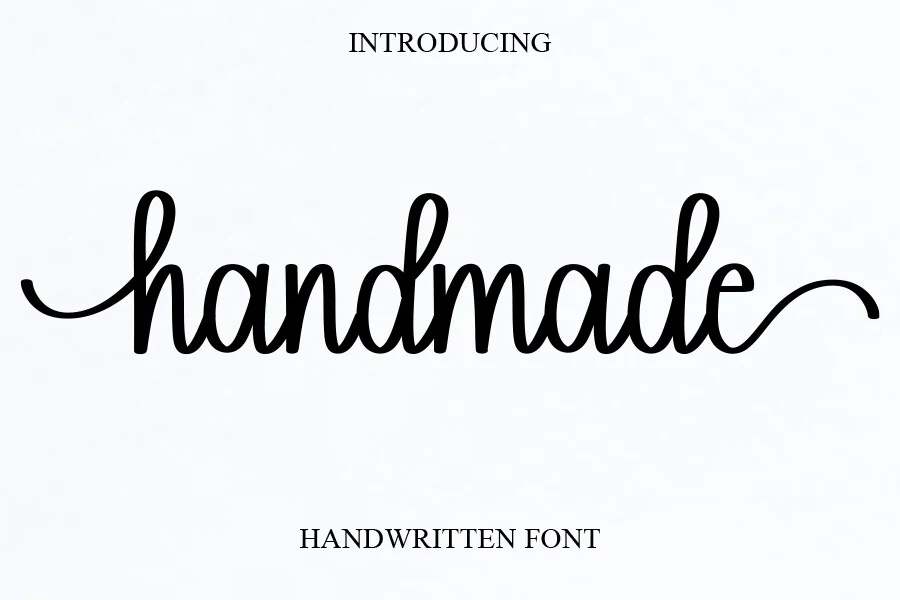 Handmade Font preview with black cursive handwritten lettering, looped ascenders, and long swashes