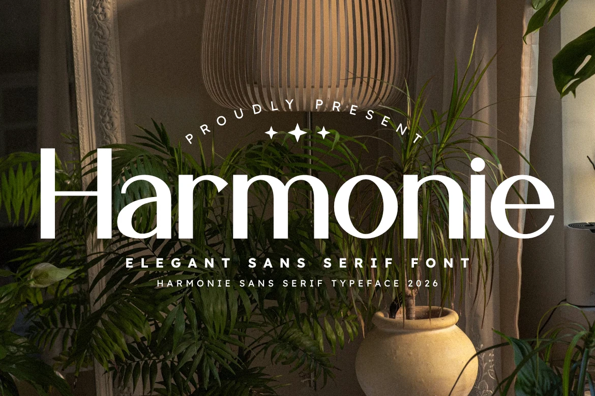 Harmonie Font preview with clean white sans serif lettering, open spacing, and smooth rounded forms