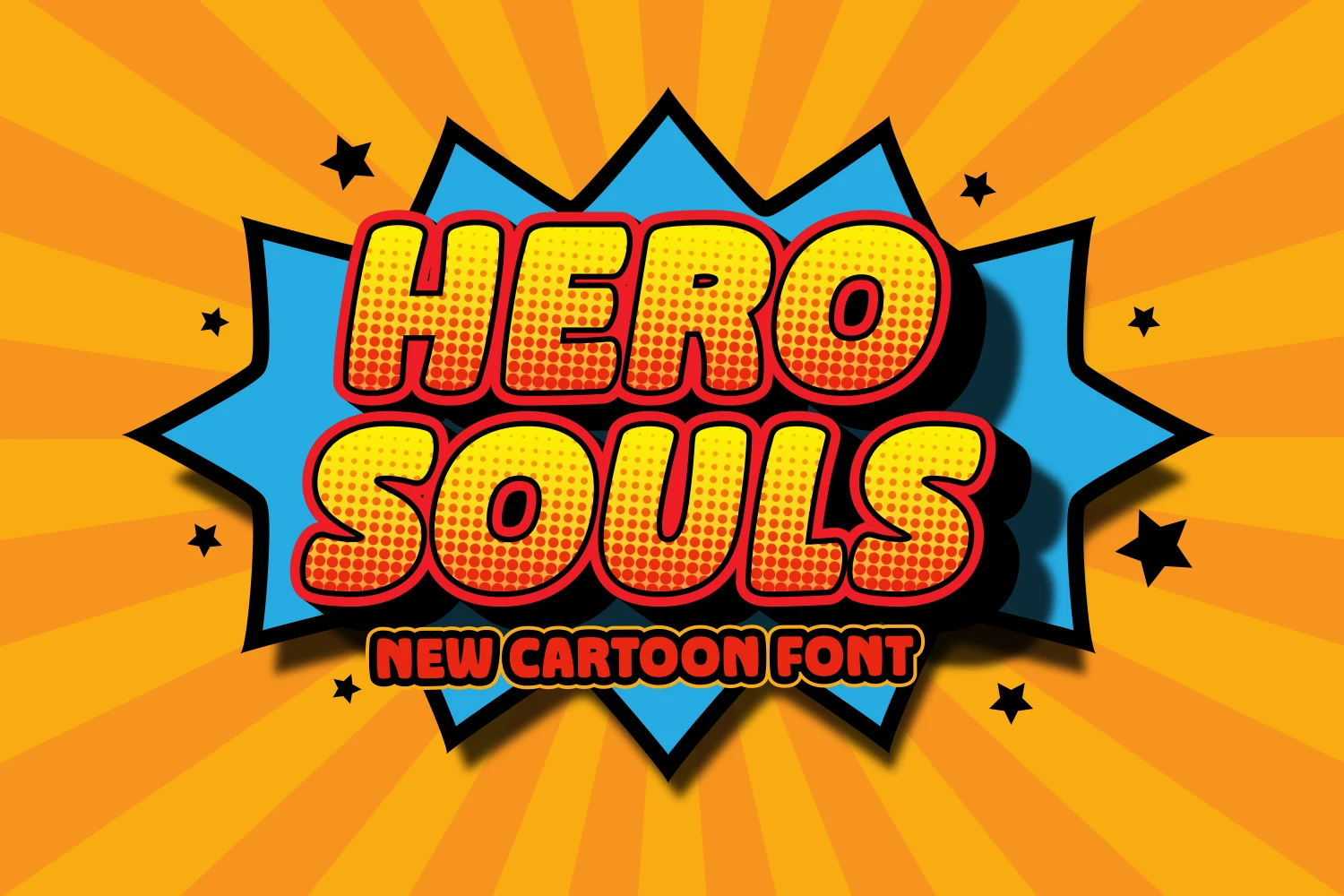 Hero Souls Font preview with chubby yellow comic letters, red outline, and halftone texture