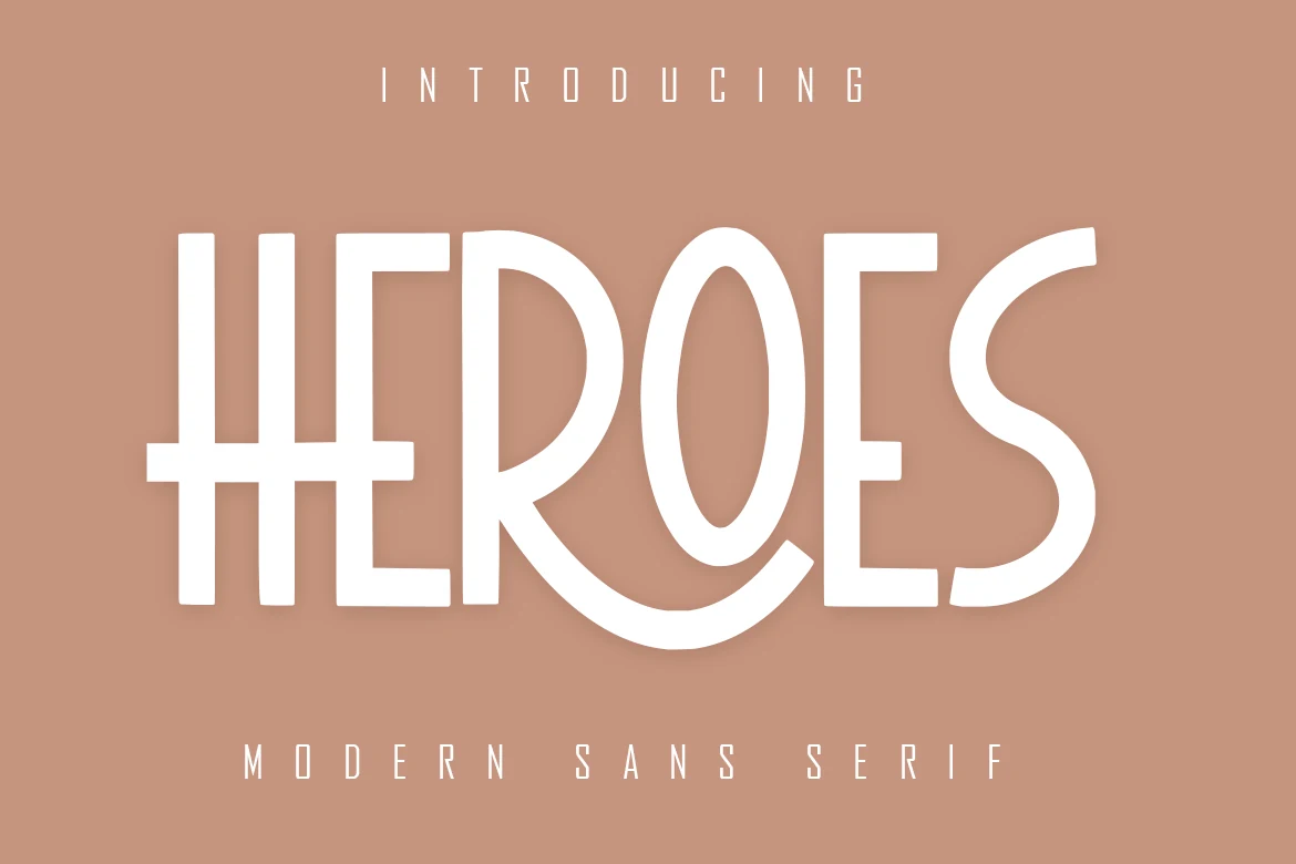 Heroes Font preview with bold white sans serif letters, curved terminals, and Art Deco contrast