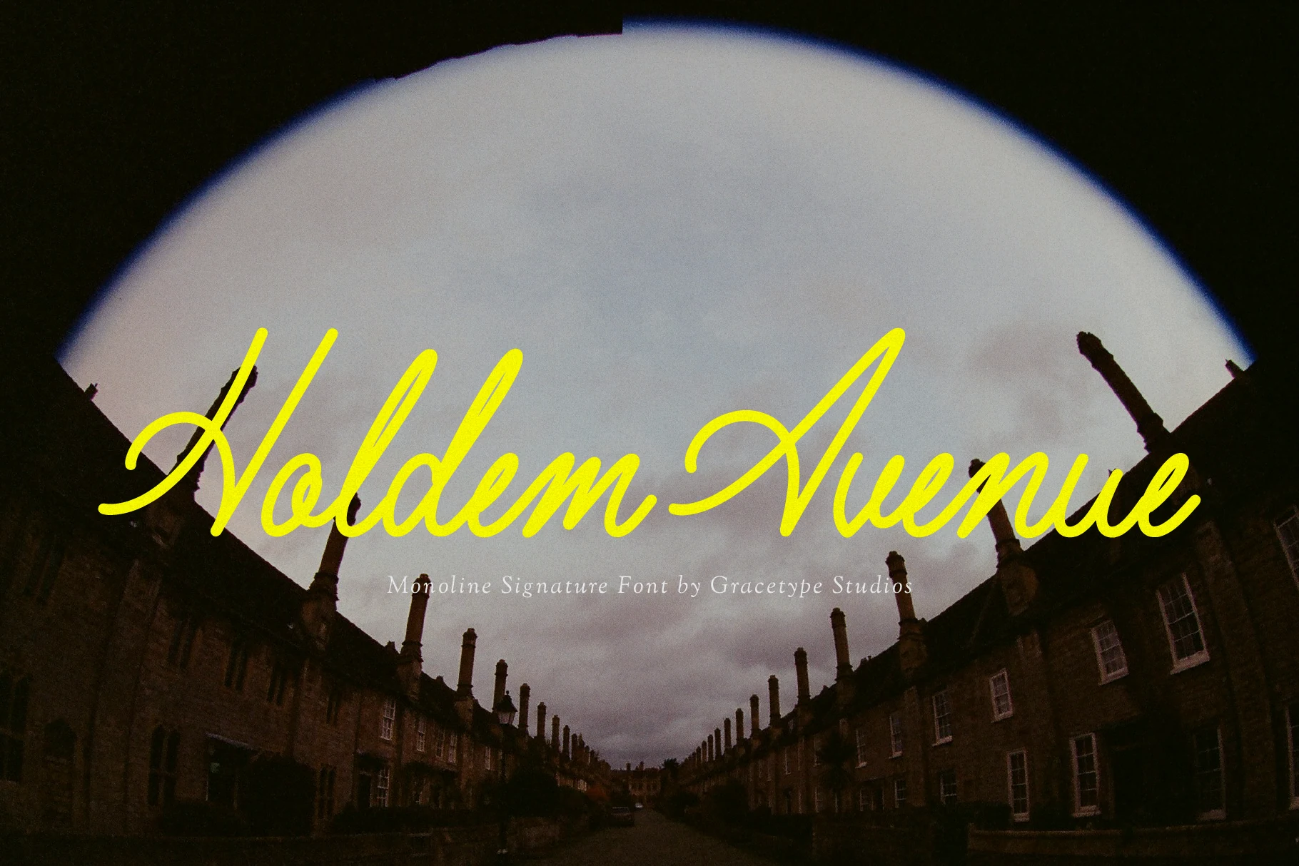 Holdem Avenue Font preview in bright yellow monoline signature script with tall loops and flowing slanted letters