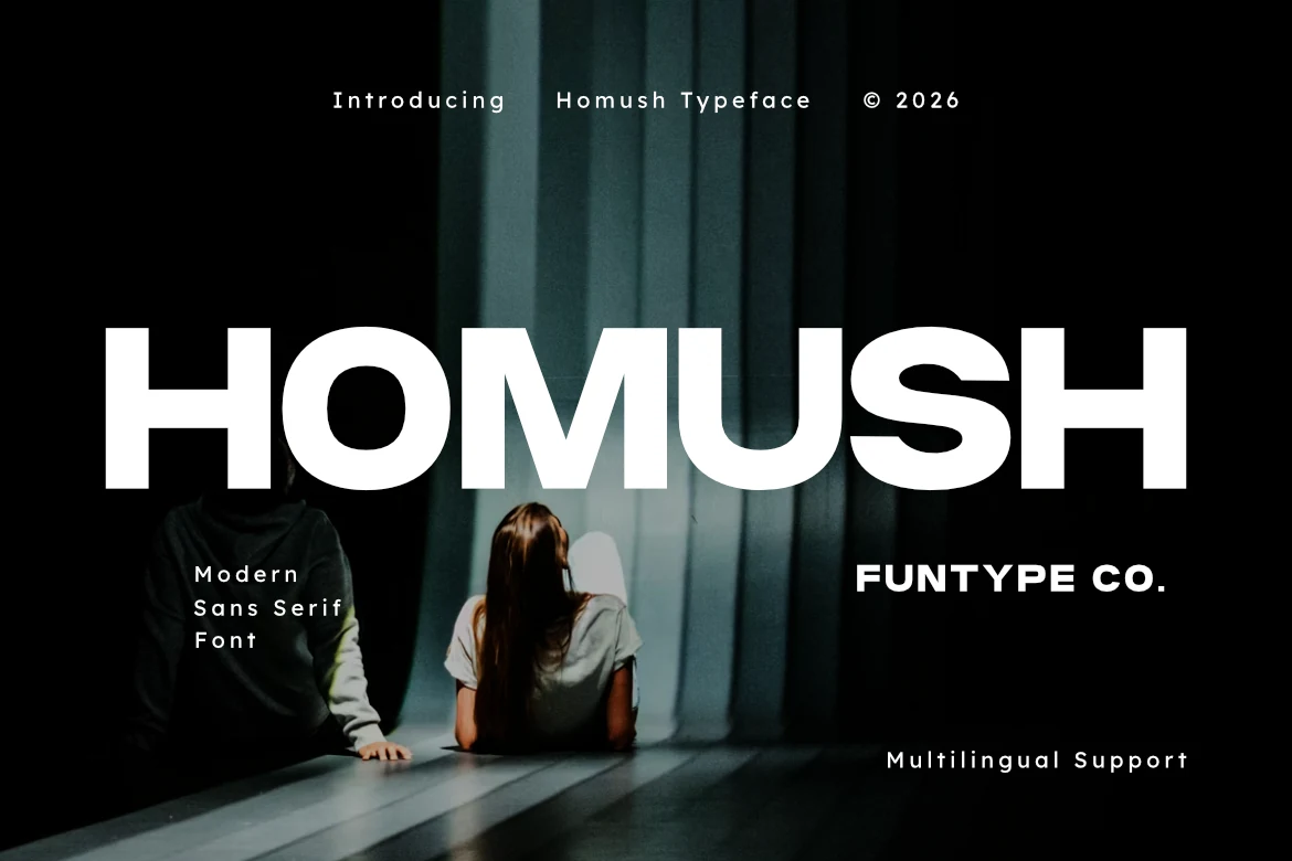 Homush Font preview in bold wide geometric sans serif lettering