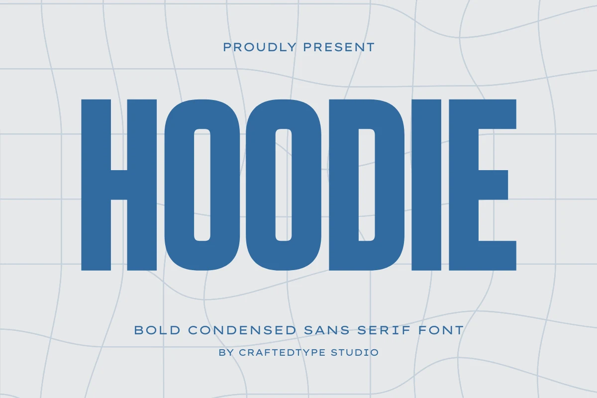 Hoodie Font preview with bold blue condensed sans serif lettering