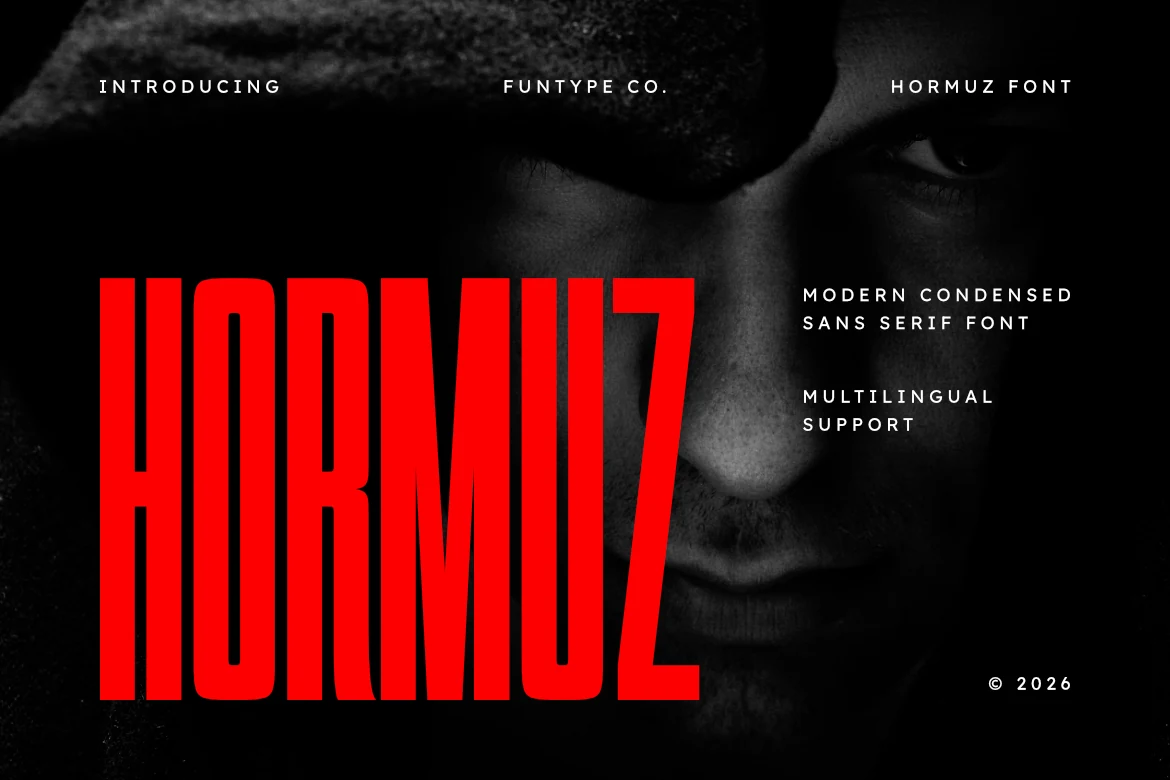 Hormuz Font preview with tall red condensed sans serif lettering on a dark portrait background